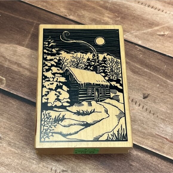 HTF 2014 INKADINKADO 60-01005 SNOWY CABIN SCENE WOOD MOUNTED RUBBER STAMP WINTER - Picture 1 of 5